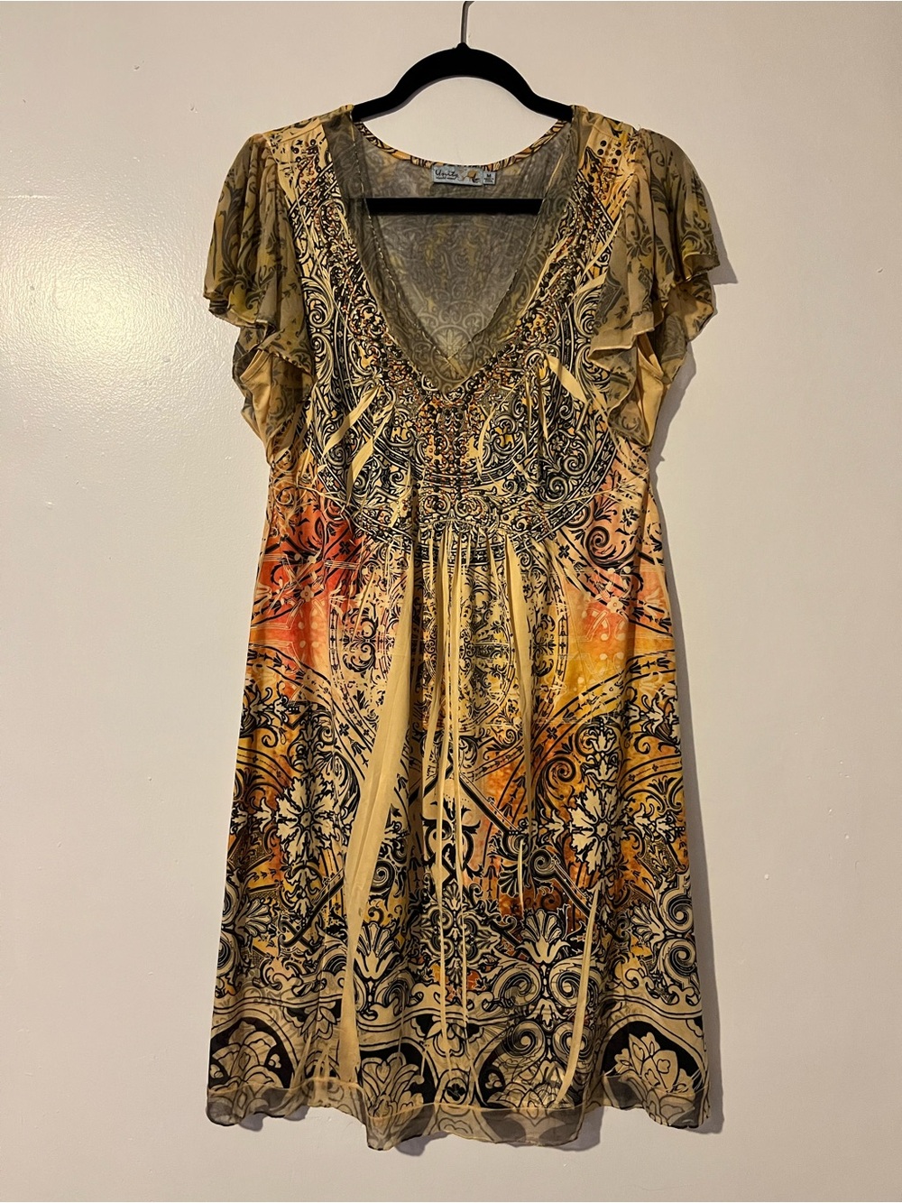 Y2K Tattoo Style Print Yellow & Orange Summer Dress